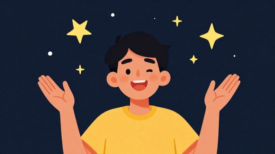 Illustration of a person smiling brightly with stars around, enjoying a new experience