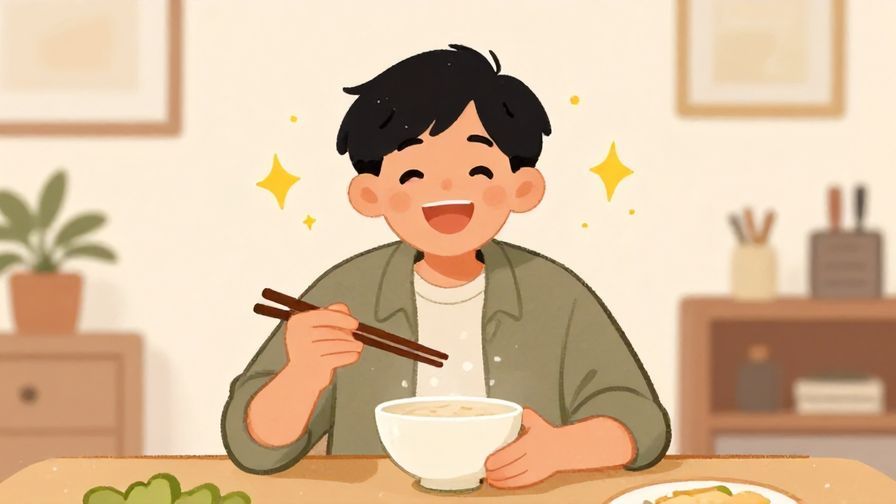 Illustration of a person smiling broadly with sparkles around them, holding chopsticks and a bowl, cozy home dining room, illustrated style
