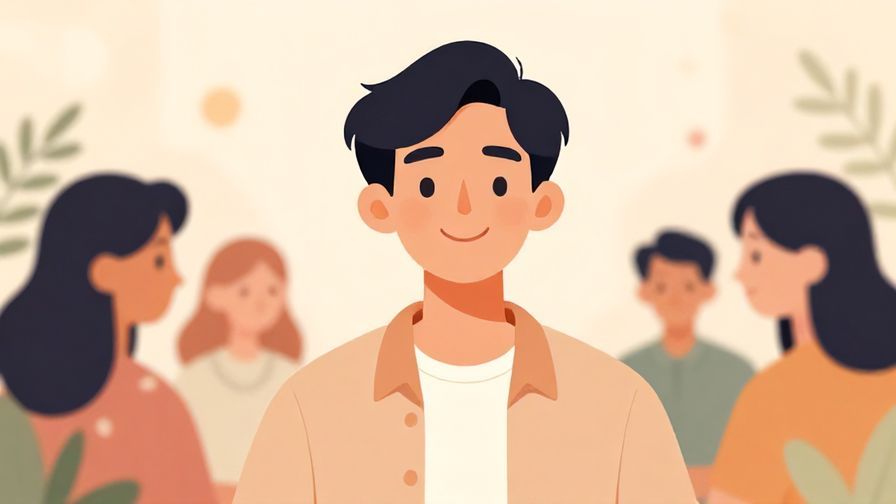 Illustration of a person smiling confidently in a social setting, gentle pastel background with soft floral accents