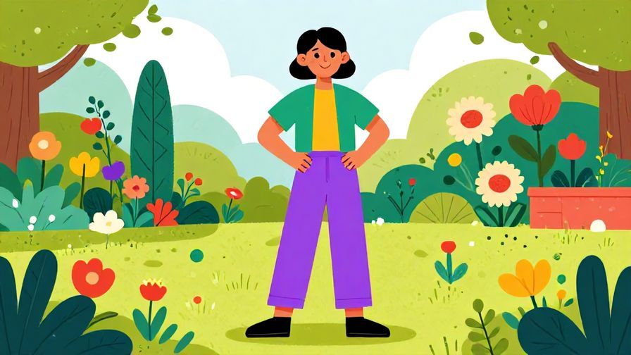 Illustration of a person smiling confidently in colorful clothes, surrounded by a bright, blooming garden