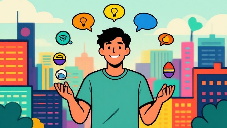 Illustration of a person smiling confidently while juggling various small objects symbolizing ideas, colorful thought bubbles around, vibrant cityscape background, illustrated style