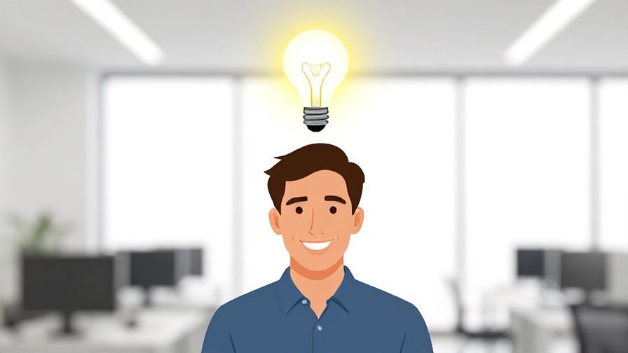 Illustration of a person smiling confidently with a glowing light bulb above their head, symbolizing motivation and enthusiasm, bright office background