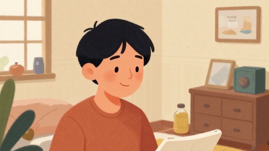 Illustration of a person smiling faintly while looking at a slightly messy room, conveying acceptance of imperfection, warm colors, illustrated style