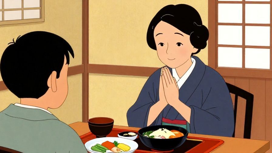 Illustration of a person smiling gently and placing hands together in gratitude after a meal, traditional Japanese dining setting, vibrant colors, illustrated style