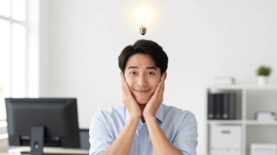 Illustration of a person smiling gently as a lightbulb appears above their head, in a neat office environment
