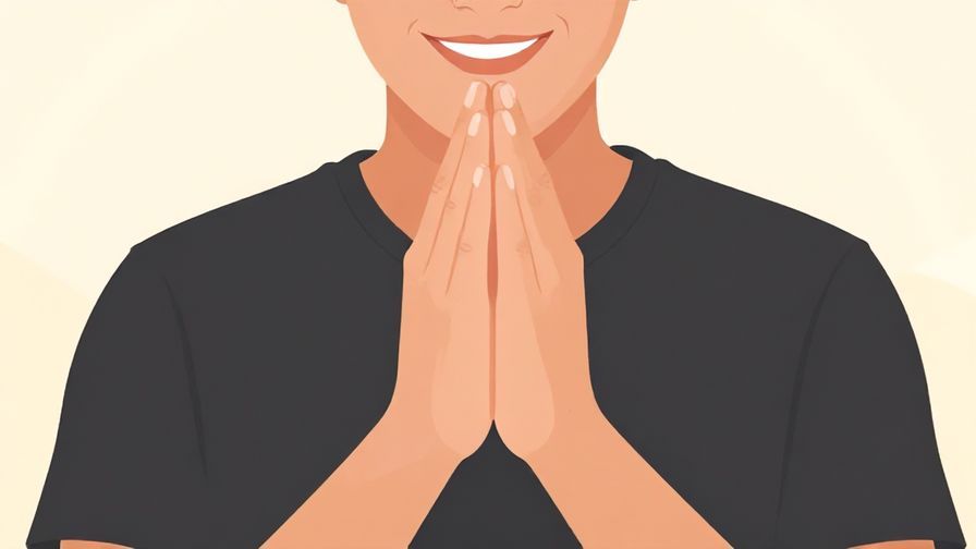 Illustration of a person smiling gently, hands folded politely, soft background with subtle lighting