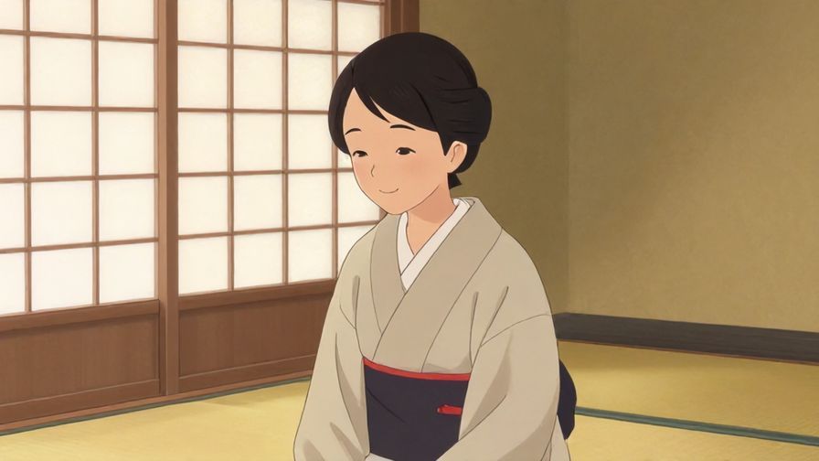 Illustration of a person smiling gently in a traditional Japanese room with soft natural light, warm tones