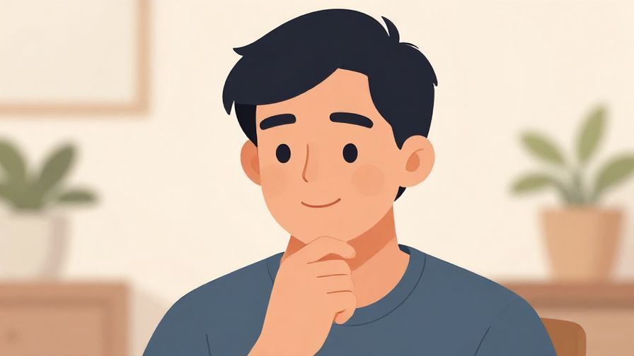 Illustration of a person smiling gently while rubbing their chin thoughtfully, soft indoor background