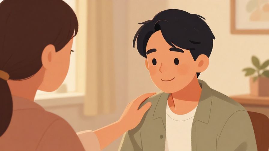 Illustration of a person smiling gently while supporting another with a hand on their shoulder, calm indoor setting with warm tones