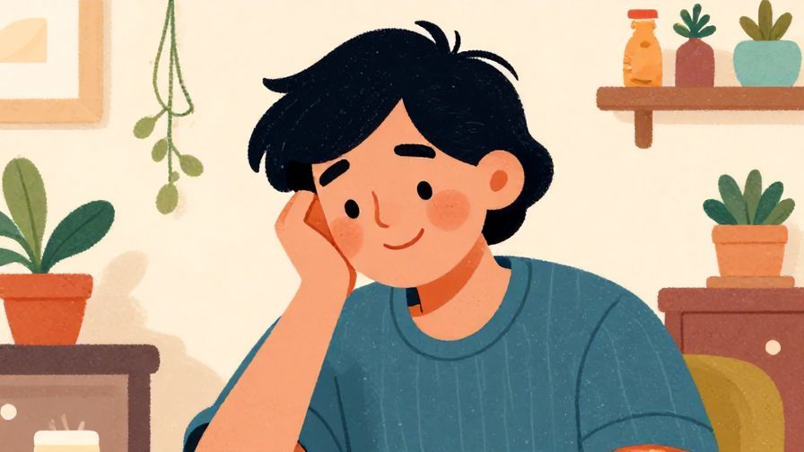 Illustration of a person smiling gently with a slight shake of the head, cozy indoor setting, vibrant colors, illustrated style