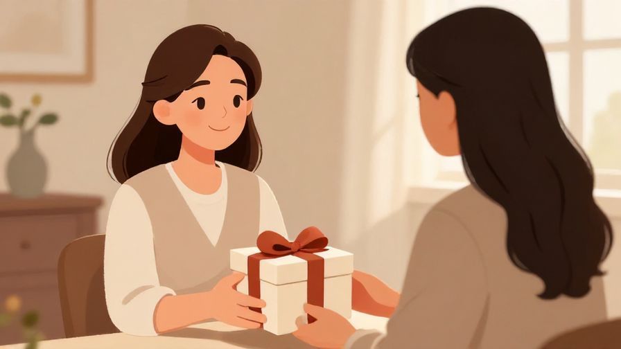 Illustration of a person smiling sincerely while receiving a gift or help, elegant and warm indoor space