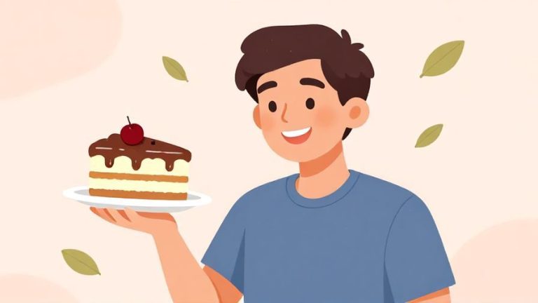Illustration of a person smiling slyly while holding a delicious, dripping piece of cake, symbolizing sweet revenge, with a soft pastel background and floating leaves