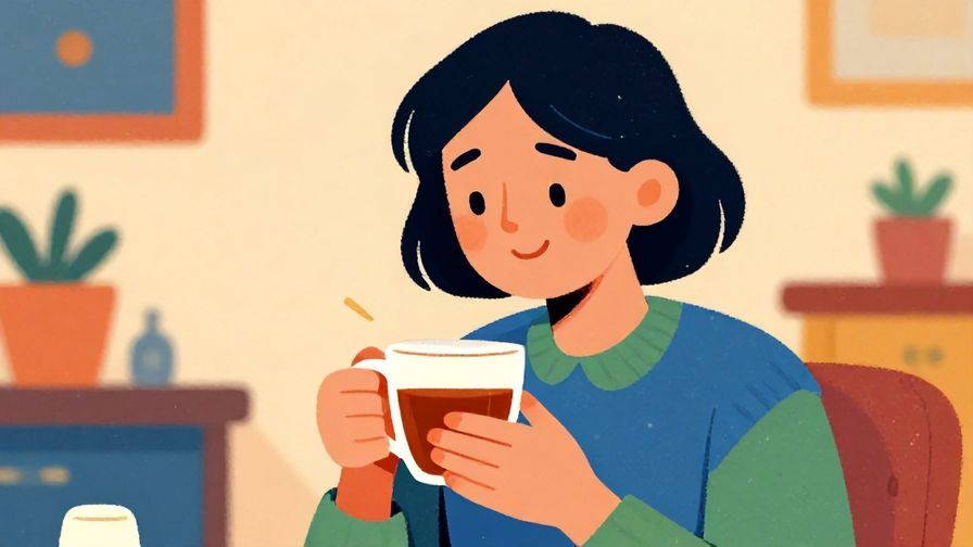Illustration of a person smiling softly while holding a warm cup of tea, cozy indoor setting, vibrant colors, illustrated style