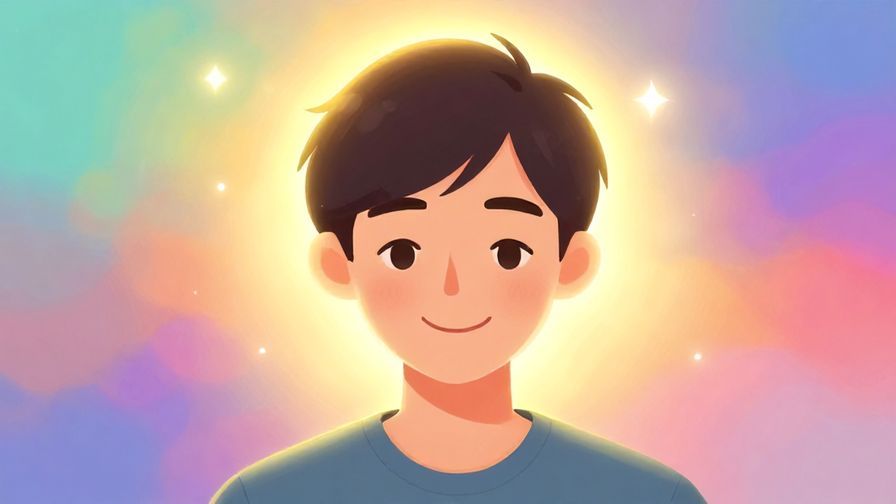 Illustration of a person smiling softly with a glowing light around their head, symbolizing lasting memory, bright and colorful background