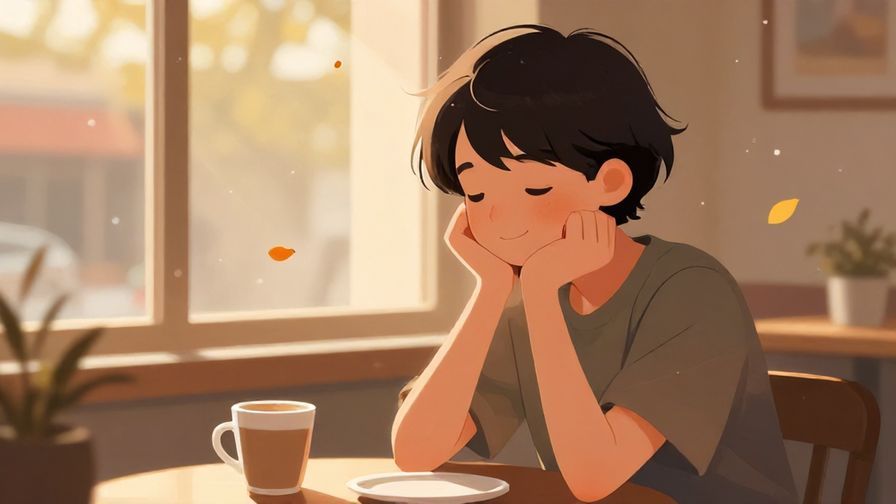 Illustration of a person smiling softly with a hint of regret, sitting at a café with warm light rays and floating leaves