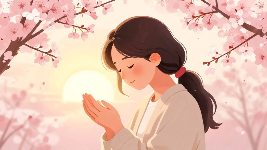 Illustration of a person smiling softly with hands gently clasped, surrounded by soft pink cherry blossoms and a golden sunset