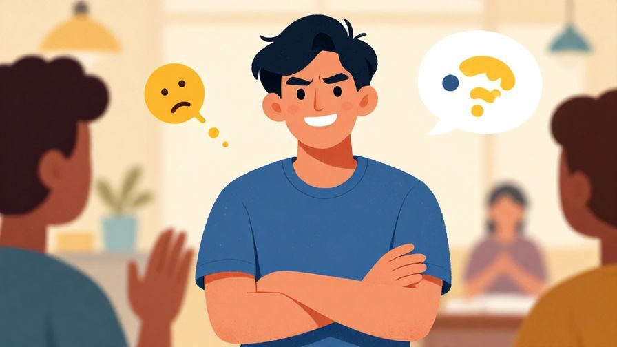 Illustration of a person smiling stubbornly with crossed arms, speaking animatedly in a friendly setting, vibrant colors, illustrated style