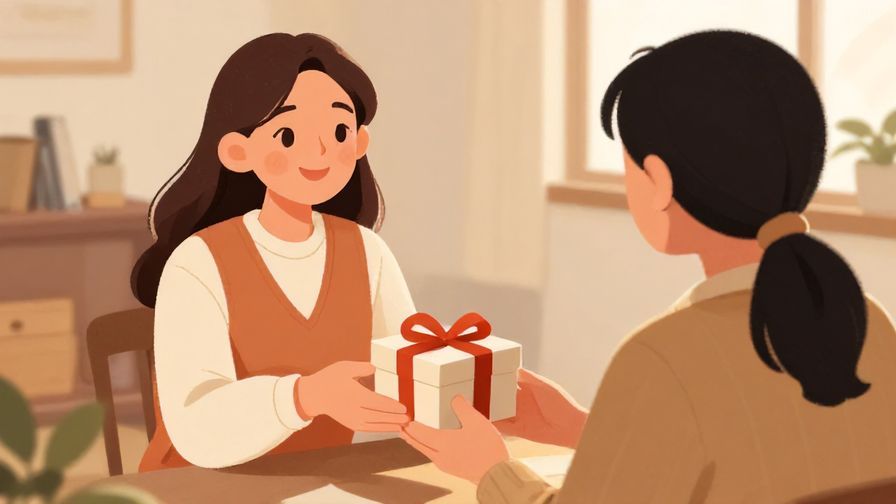 Illustration of a person smiling warmly while handing a small gift to a friend, cozy home setting