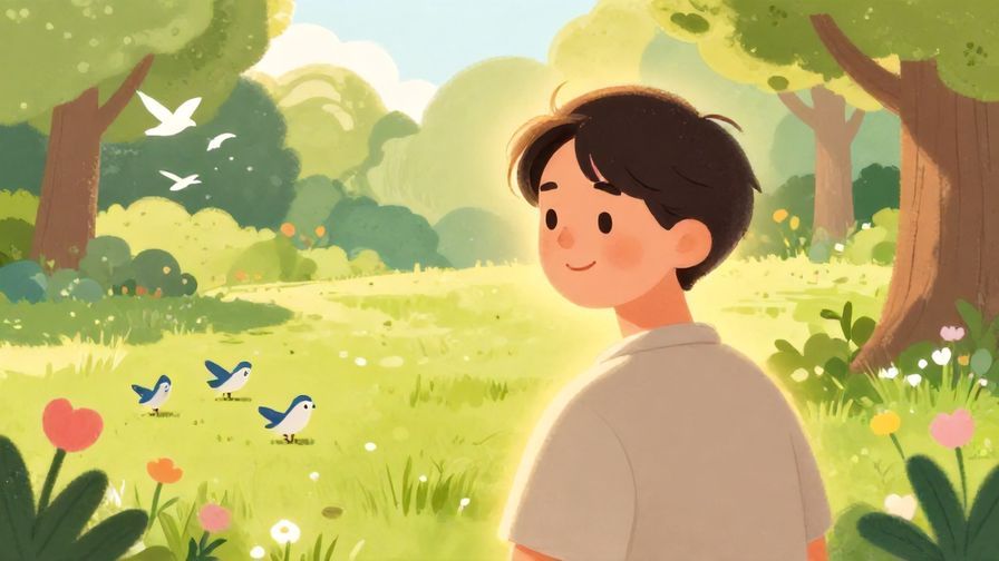 Illustration of a person smiling warmly with a gentle glow around them, in a peaceful park setting with birds and flowers