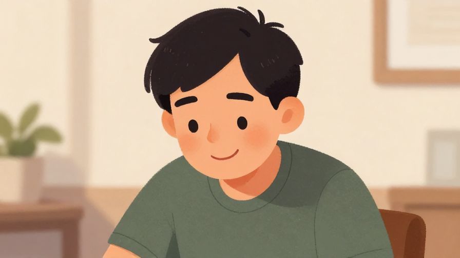 Illustration of a person smiling warmly with a slight bow, in a casual yet respectful environment, soft textures and colors