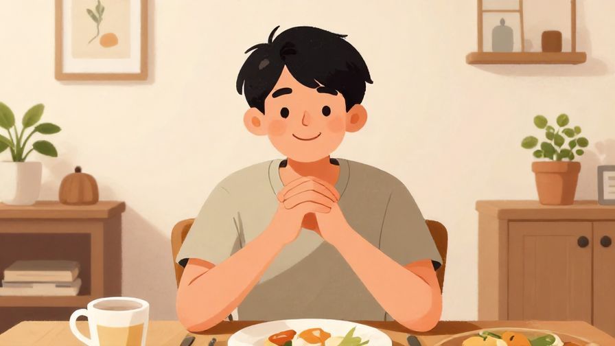 Illustration of a person smiling warmly with hands clasped, relaxed home dining setting, illustrated style