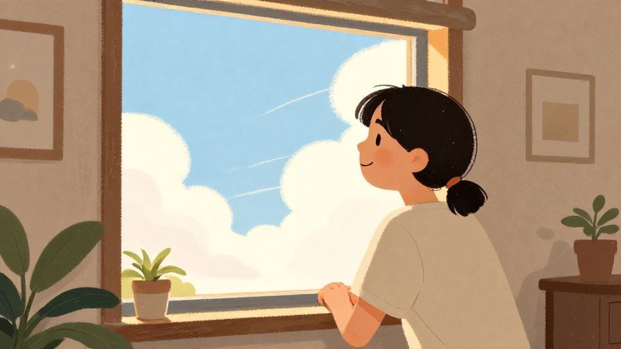 Illustration of a person smiling while looking out a window at a sunny afternoon with blue skies and gentle clouds, cozy home interior, illustrated style