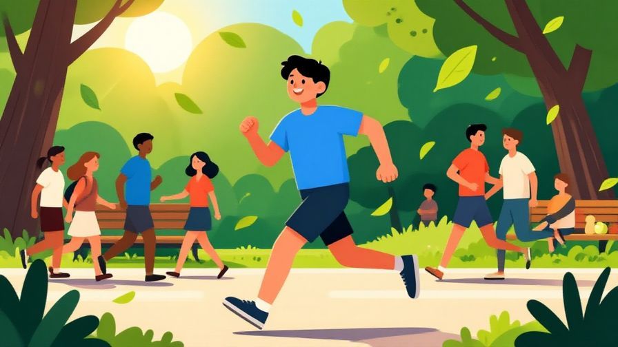 Illustration of a person smiling while running through a lively park with bright sunlight and fluttering leaves, symbolizing energy and motivation, vibrant colors, illustrated style