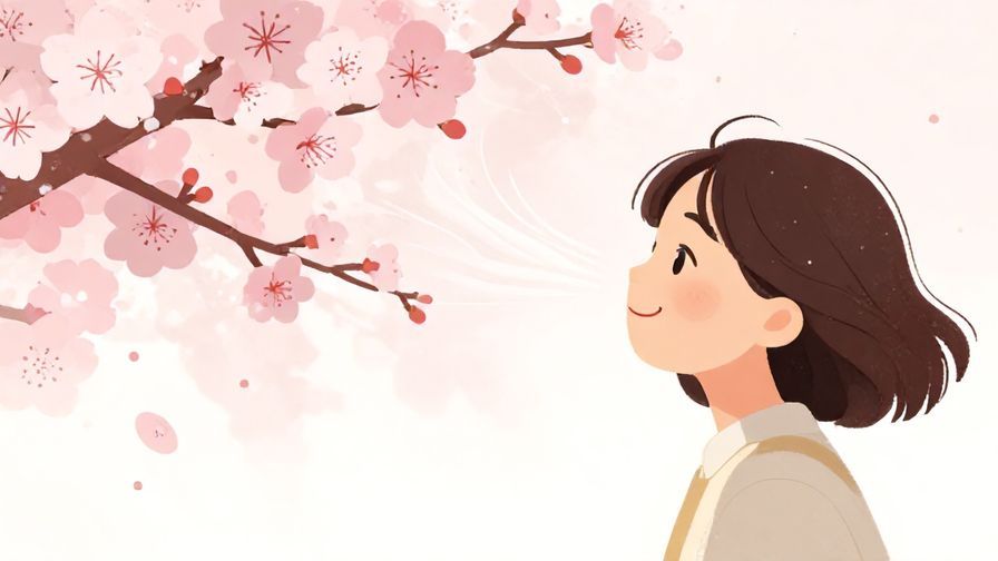 Illustration of a person smiling with a breeze blowing through cherry blossoms, expressing refreshing sweetness, soft dots and curved lines in the background