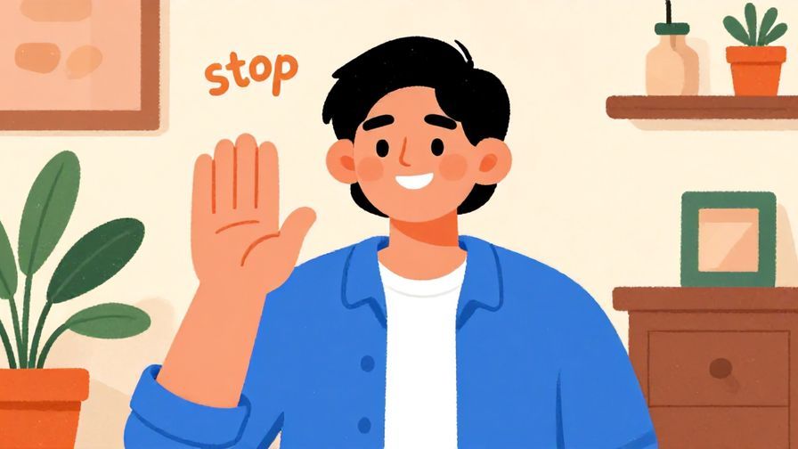 Illustration of a person smiling with a hand wave, signaling "stop" in a cozy indoor setting, vibrant colors, illustrated style