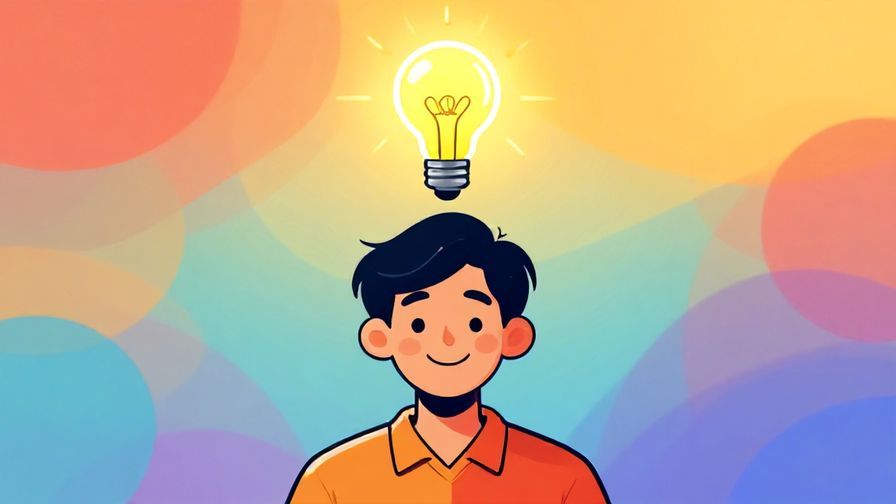 Illustration of a person smiling with a lightbulb above their head, showing understanding, bright and colorful background