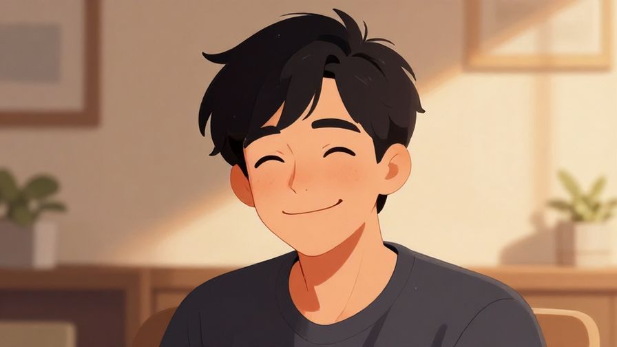 Illustration of a person smiling with a playful smirk, casual indoor setting, warm lighting