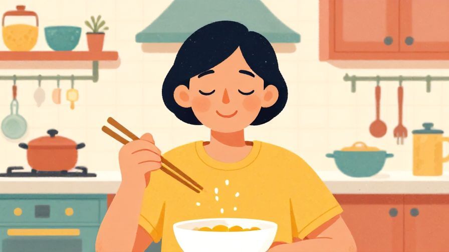 Illustration of a person smiling with eyes closed, holding chopsticks mid-air, expressing delight after eating, colorful kitchen background, illustrated style