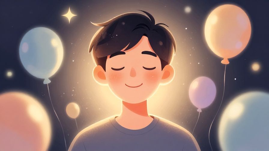 Illustration of a person smiling with eyes closed, surrounded by soft glowing light and floating balloons, festive atmosphere