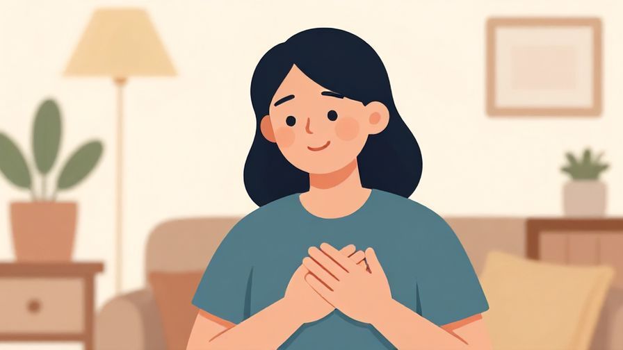Illustration of a person smiling with hands over heart in a cozy indoor setting, expressing heartfelt gratitude, soft colors