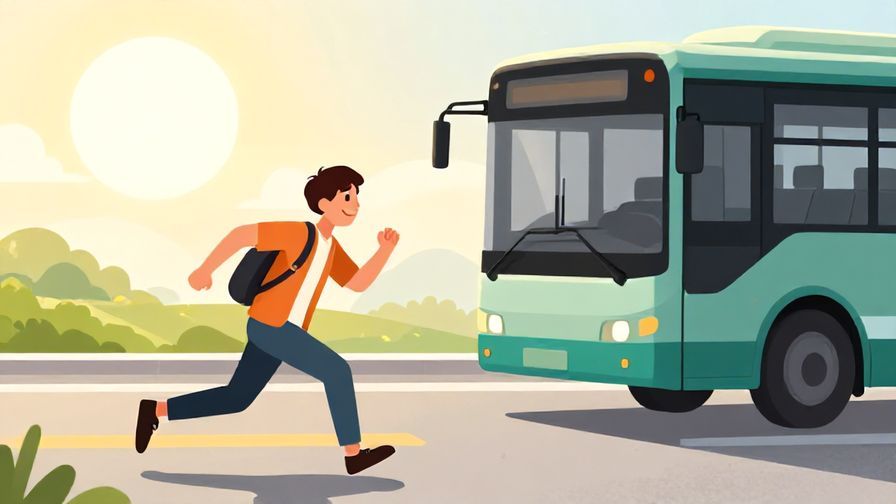 Illustration of a person smiling with relief after rushing to catch a bus, bright sunrise background