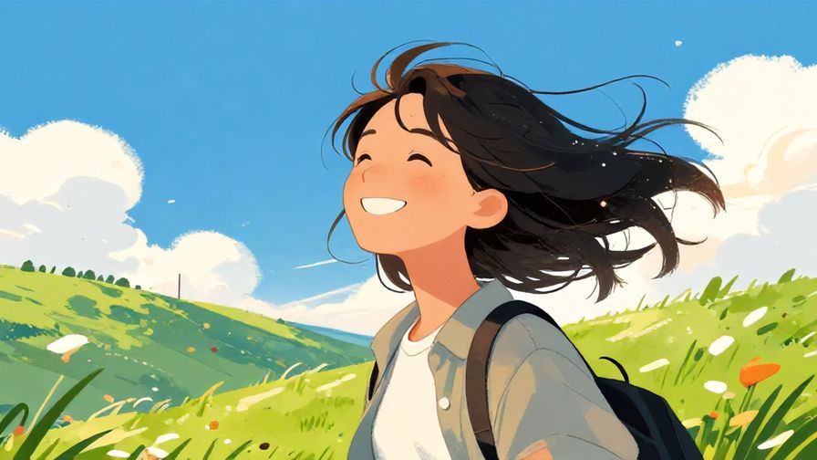 Illustration of a person smiling with wind blowing through their hair on a hilltop, bright daylight, vibrant colors, illustrated style