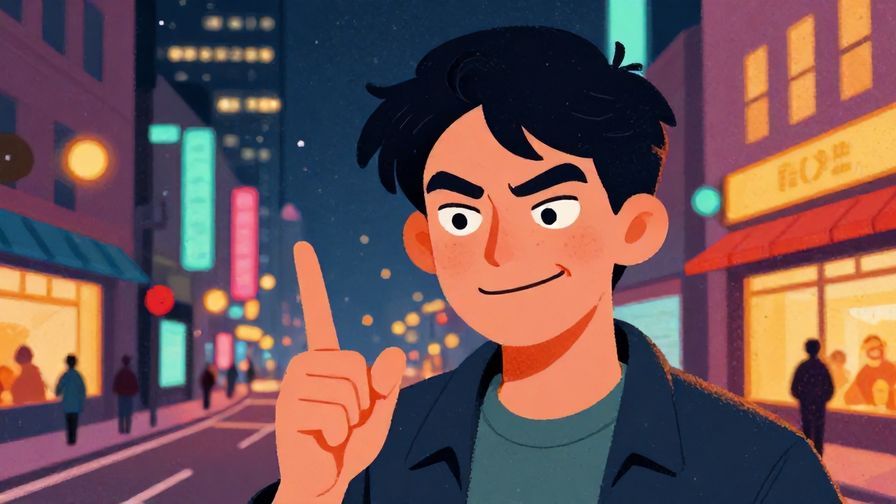 Illustration of a person smirking with a mischievous sparkle in their eyes, finger pointing as if daring someone, detailed background of a city street at night, vibrant colors, illustrated style