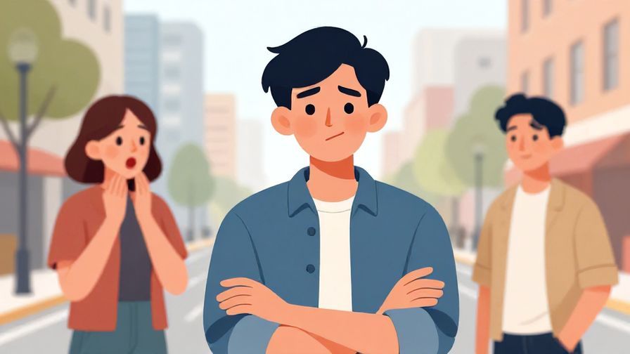 Illustration of a person smirking with folded arms, looking satisfied, while another person looks surprised, city street background, illustrated style