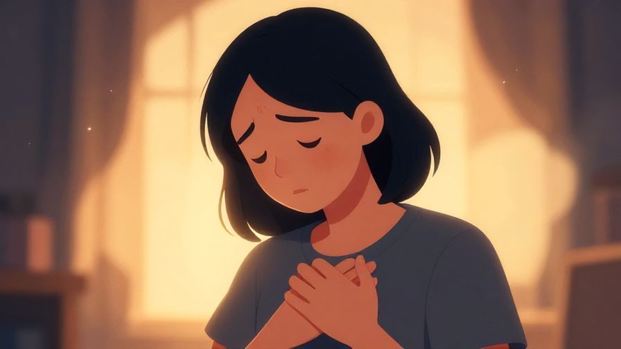 Illustration of a person softly touching their chest with a sad but gentle expression, surrounded by warm glowing light, symbolizing inner pain