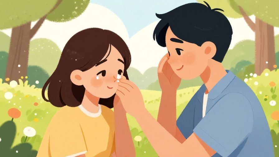 Illustration of a person softly wiping away another’s tears, both smiling gently, peaceful park setting, bright colors, illustrated style