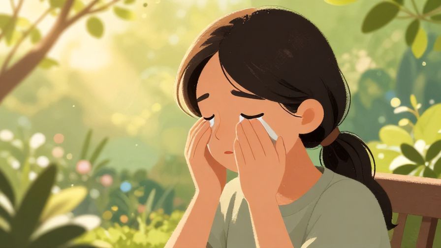 Illustration of a person softly wiping away tears from another’s cheek, serene garden background, warm sunlight filtering through leaves, illustrated style