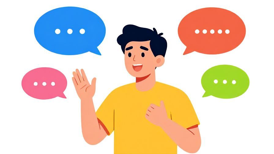 Illustration of a person speaking clearly with a confident gesture, speech bubbles around, bright and expressive colors