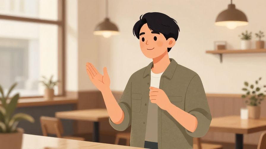 Illustration of a person speaking confidently with a gentle smile, standing in a casual café environment, illustrated style