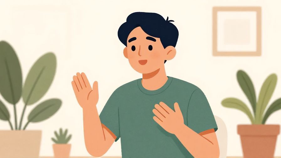 Illustration of a person speaking earnestly with a friendly gesture, bright room with plants, illustrated style