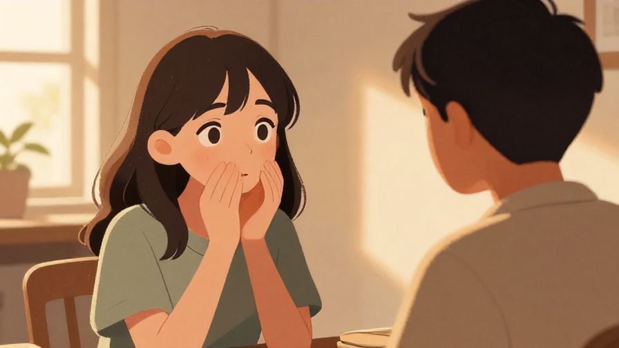 Illustration of a person speaking softly with caring eyes to another, cozy room with warm lighting, polite and heartfelt atmosphere, illustrated style