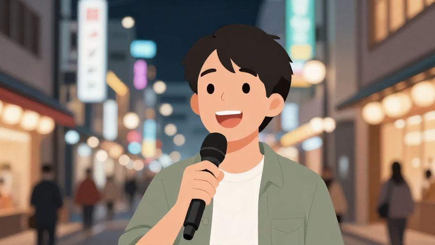 Illustration of a person speaking with a Kansai-style upbeat expression, city street background with lights