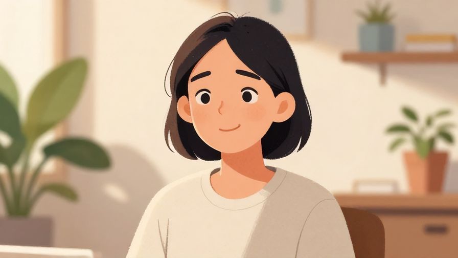 Illustration of a person speaking with a slightly raised eyebrow and a polite smile, indoors with plants and soft light, illustrated style