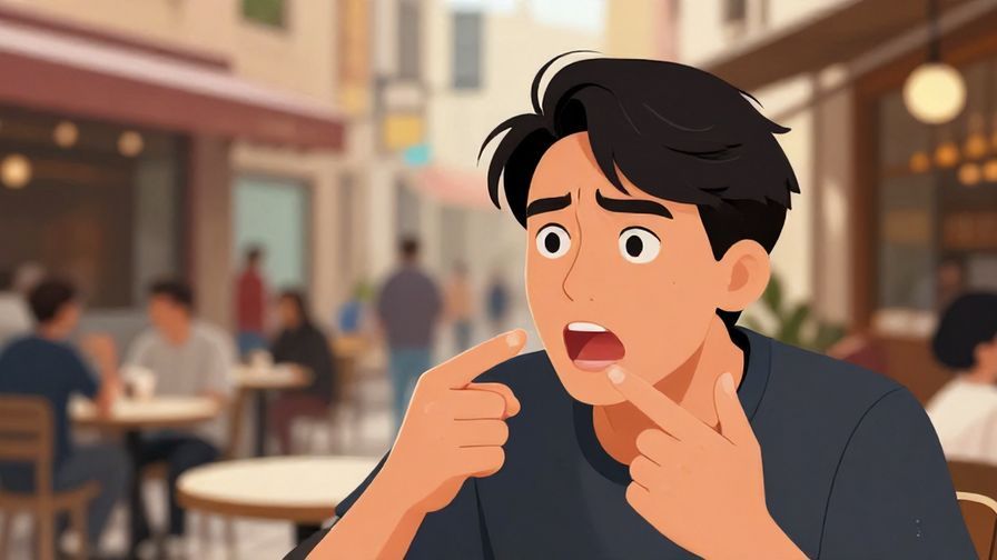 Illustration of a person speaking with urgency, pointing to their own mouth, lively street café scene in the background