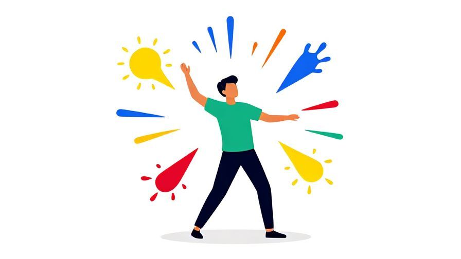 Illustration of a person spinning joyfully with colorful splashes around, symbolizing sudden change