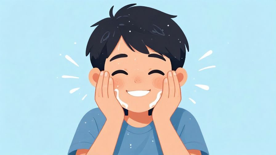 Illustration of a person splashing water on their face with a smile, fresh morning vibe, bright colors